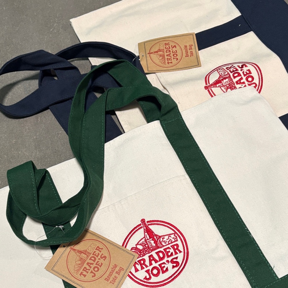 Trader Joe's set of 2 LARGE Tote Bags - Green and Navy (one of each) - Picture 4 of 4